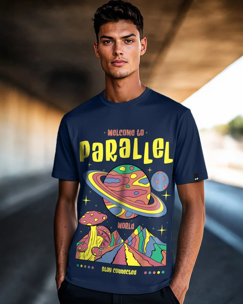bewakoof Men's Blue Parallel World Graphic Printed T-shirt
